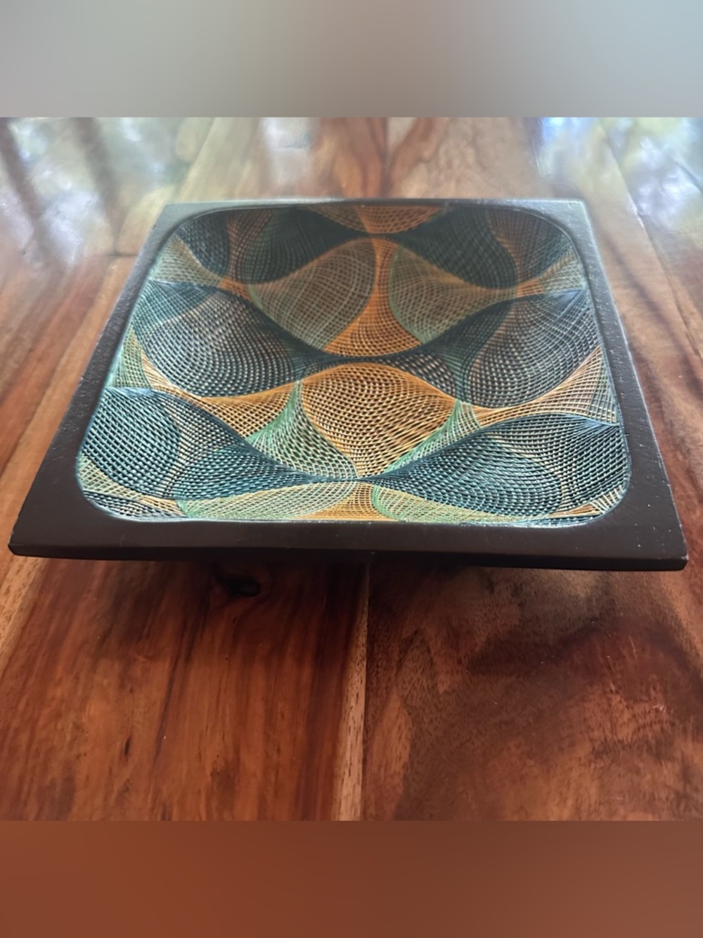 Decorative Wooden Bowl String Art Geometric Pattern Artisan Decor Folk Art